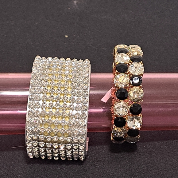 2 Pc, Black and Silver Crystal Bracelet NWT7 defect & Crystal Cuff Braclet EUC - Picture 1 of 9